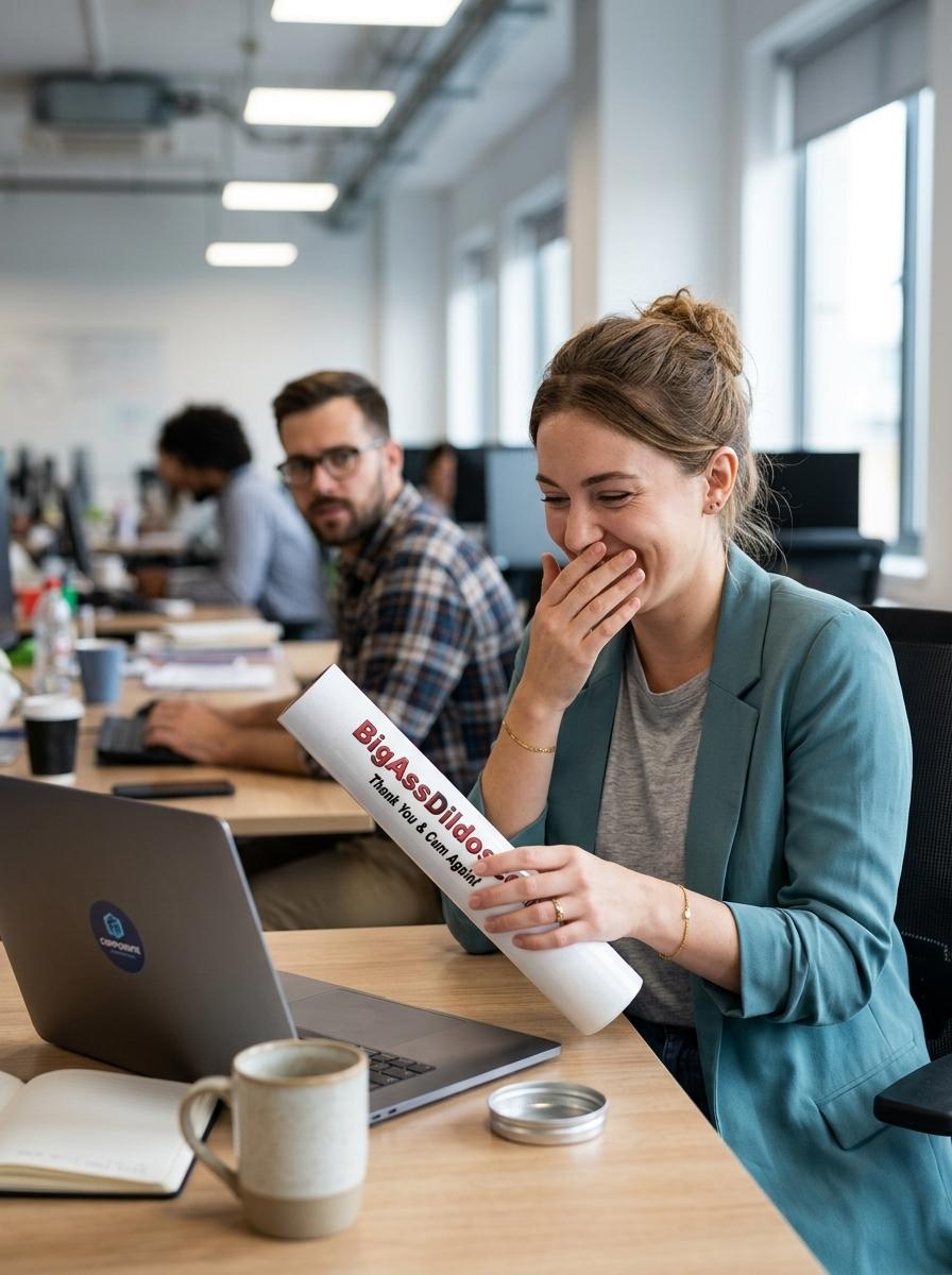 Woman laughing at a prank mail tube opened at her office desk