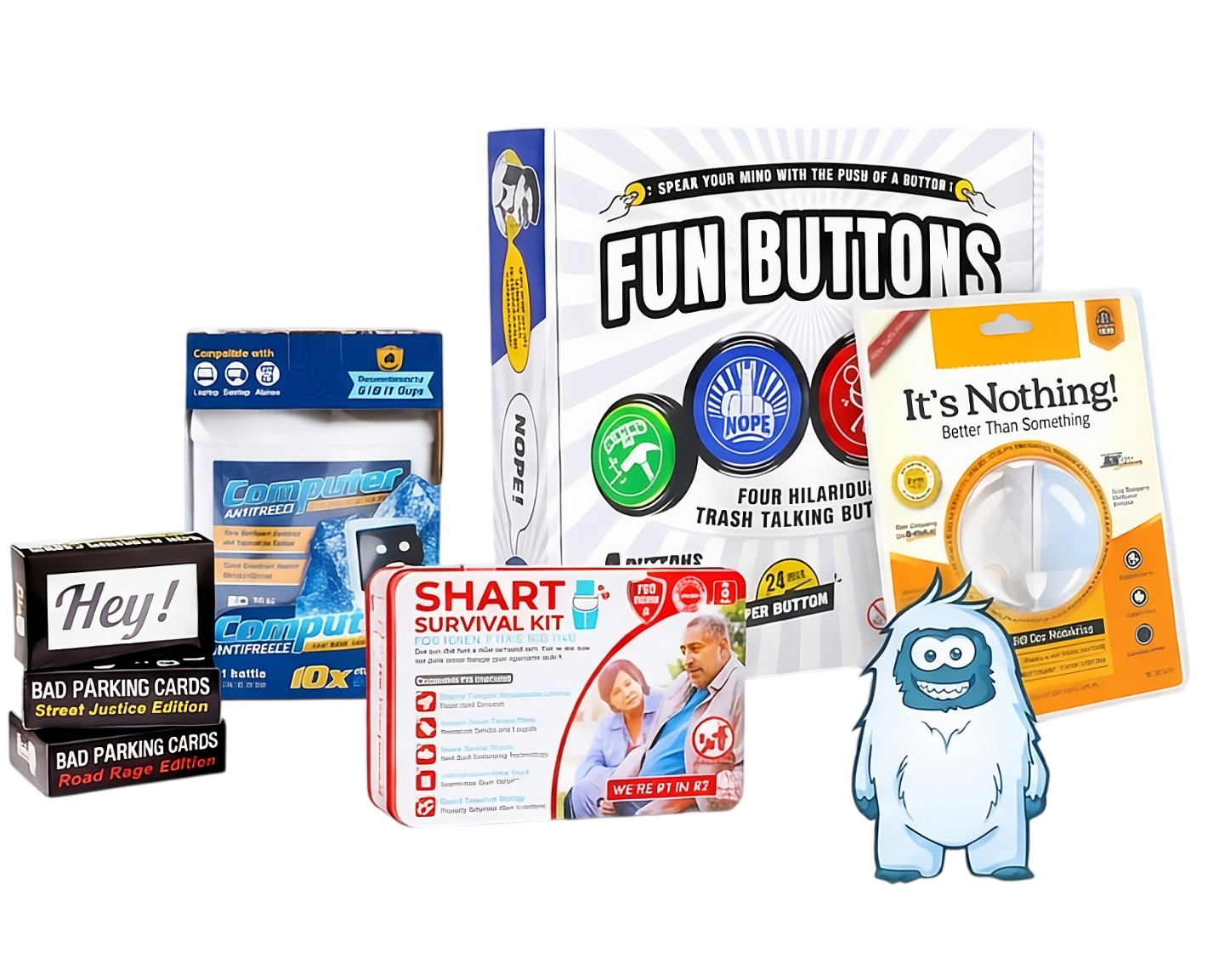 Witty Yeti prank products — anonymous mail tubes, prank boxes, parking cards, and stickers