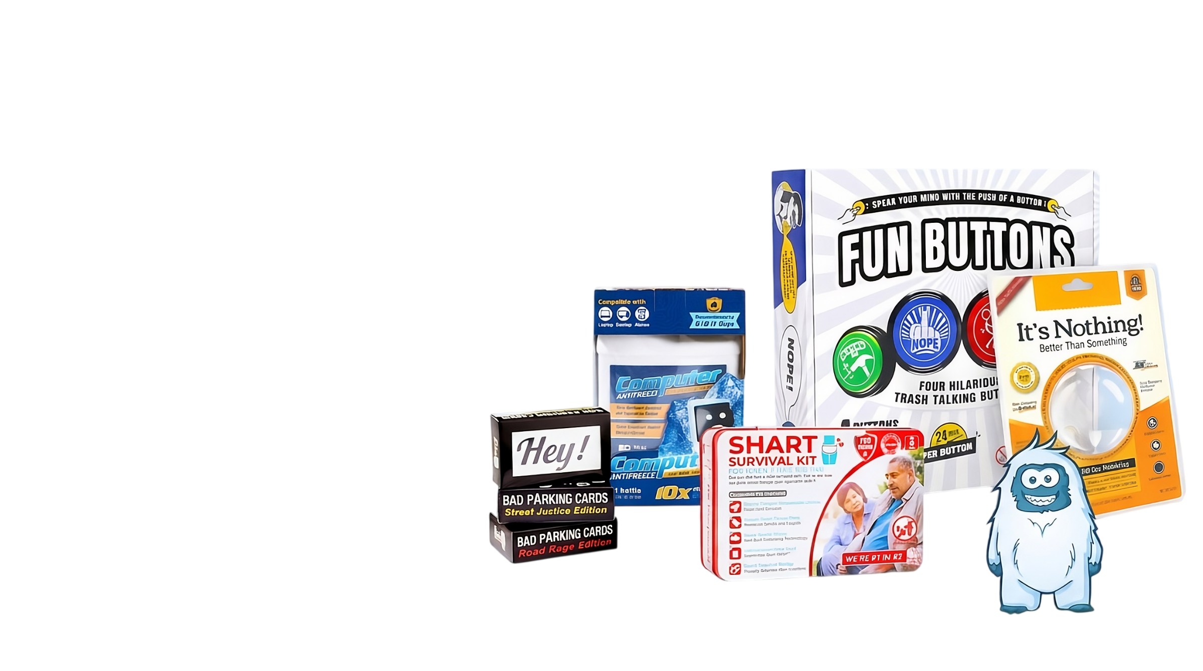 Witty Yeti prank products — anonymous mail tubes, prank boxes, parking cards, and stickers