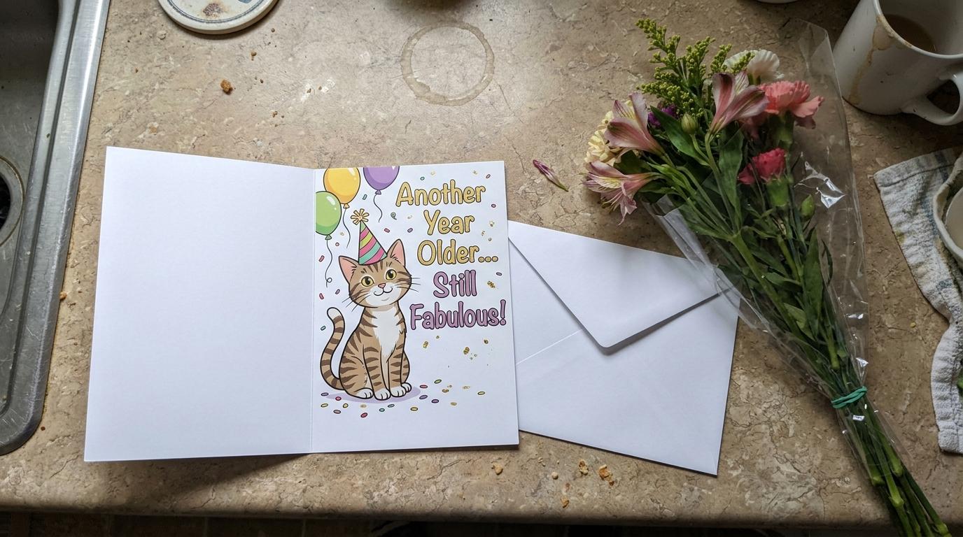 A generic greeting card and wilting flowers on a kitchen counter — the kind of gift everyone forgets