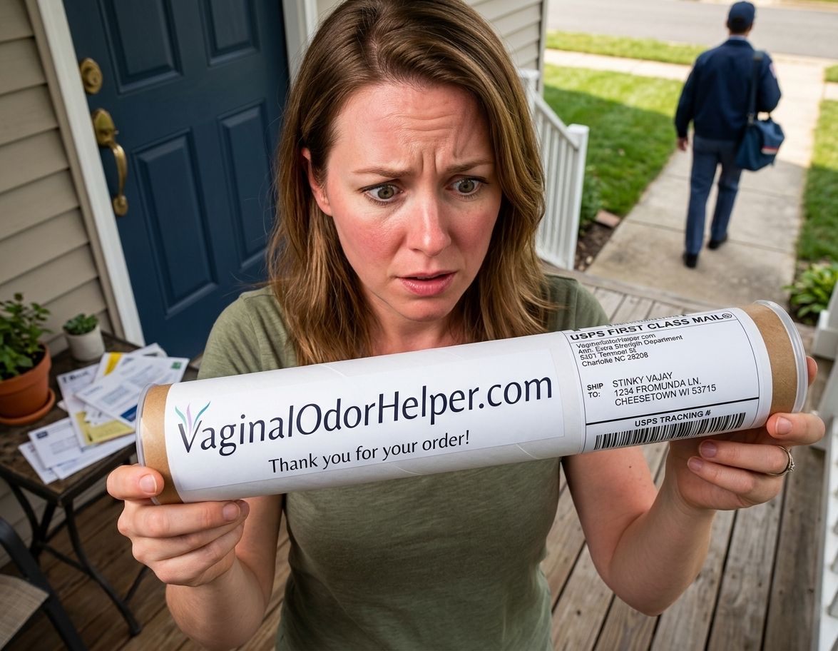 Woman on her front porch holding a VaginalOdorHelper prank tube in shock while the mail carrier walks away